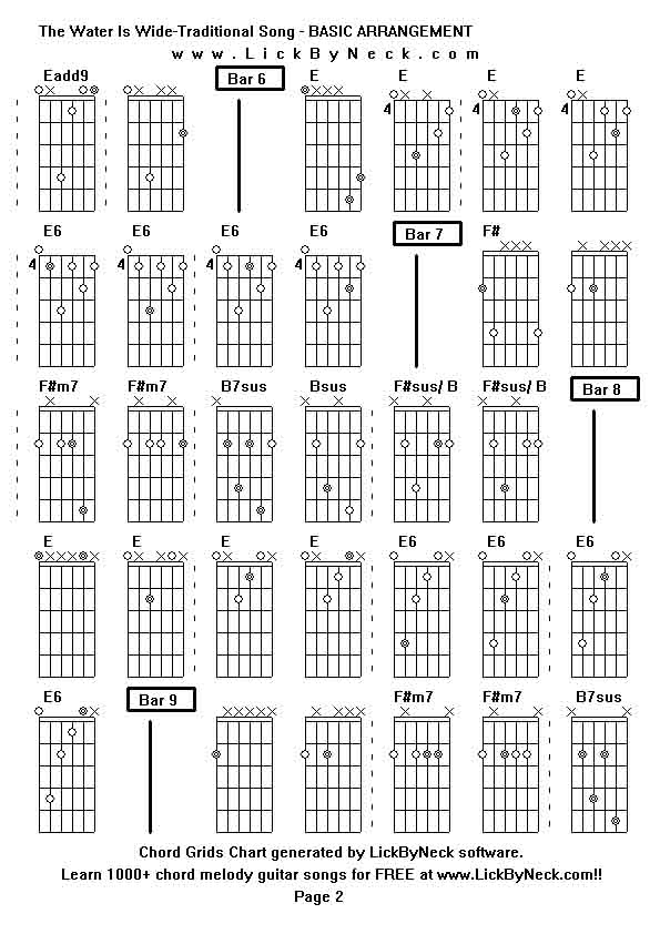 Chord Grids Chart of chord melody fingerstyle guitar song-The Water Is Wide-Traditional Song - BASIC ARRANGEMENT,generated by LickByNeck software.